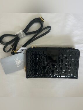 Disney Parks Black Patent Leather Mickey Mouse Wallet Crossbody Wristlet NWT
